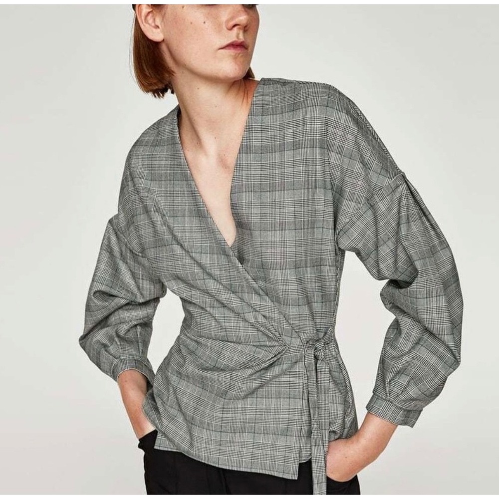 Zara Woman Grey Glen Check Plaid Wrap Blouse V-Neck Side Tie Top Size M